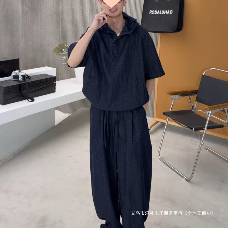 メンズ セットアップ デニム 半袖 パーカー ワイドパンツ ストリート系