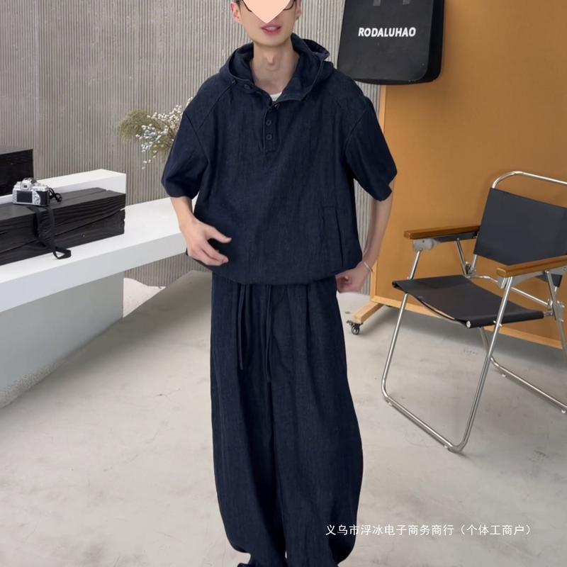 メンズ セットアップ デニム 半袖 パーカー ワイドパンツ ストリート系