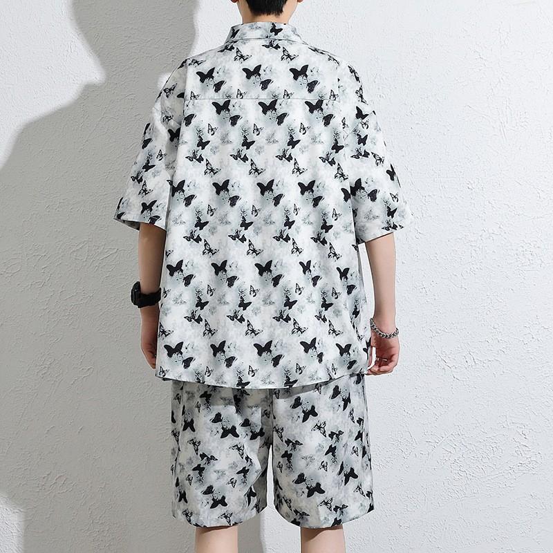 セットアップ メンズ 夏 半袖 シャツ ハーフパンツ 2点セット 蝶柄 総 