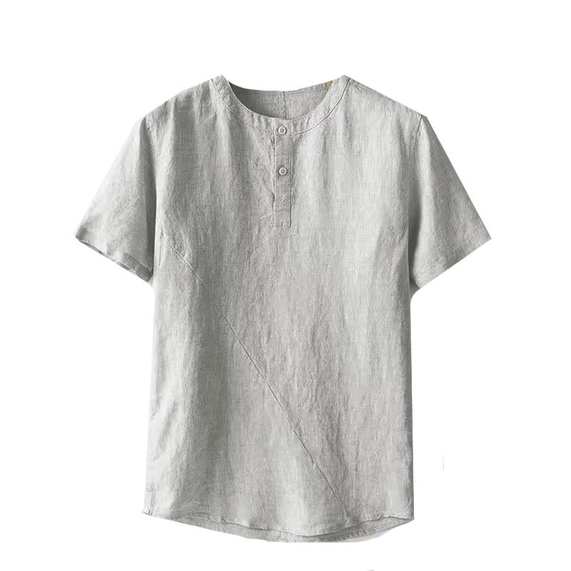 リネン 綿麻 メンズ 半袖 Tシャツ ヘンリーネック 夏用 通気性 吸汗 速