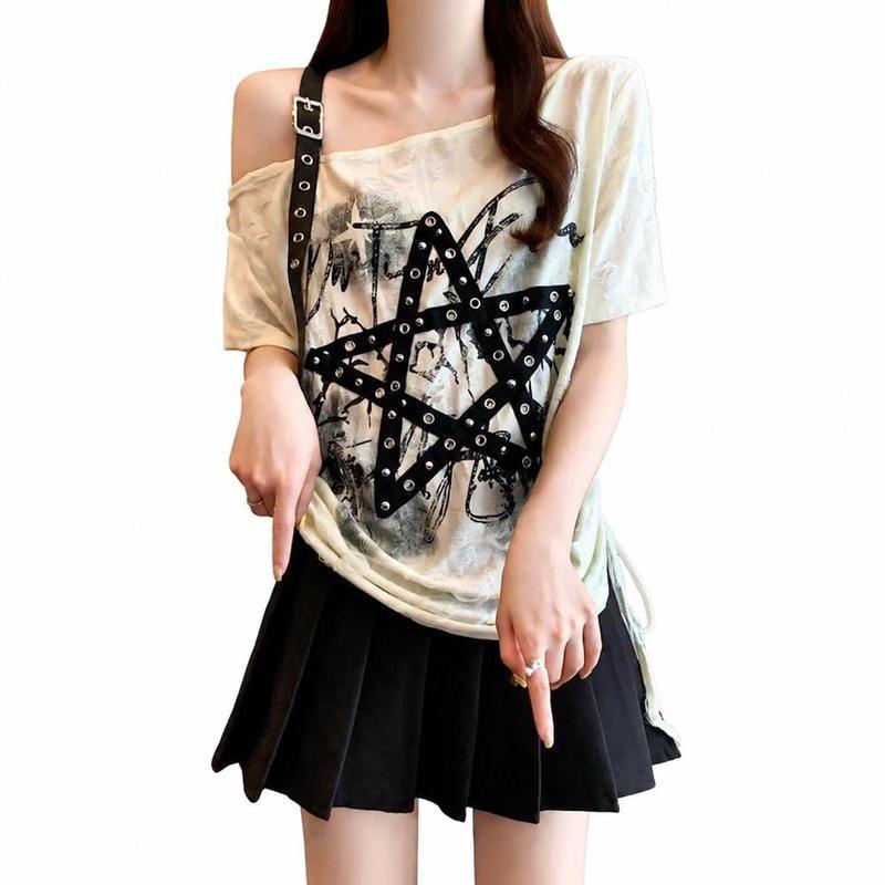 Tシャツ レディース オフショルダ ワンショルダ ダメージ加工