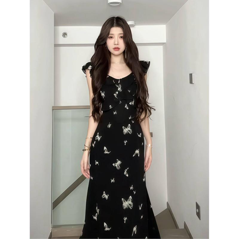 ロングワンピース レディース 蝶柄 清楚 フェミニン フリル袖 ハート