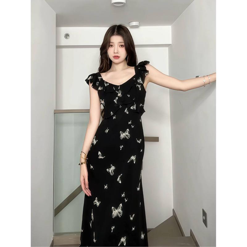 ロングワンピース レディース 蝶柄 清楚 フェミニン フリル袖 ハート