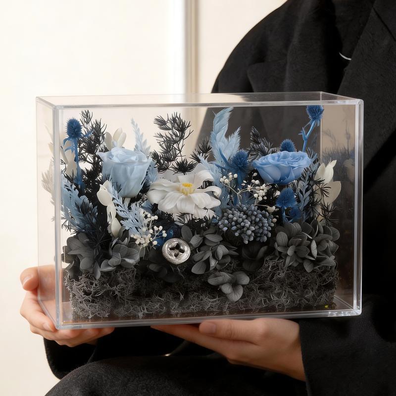 ★アートフラワー（布花）クリスマス花束　ワイヤーフレーム＆ガラスアート付き　13 プリザーブドフラワー モノトーンブルー アクリルボックス 母の日 枯れ