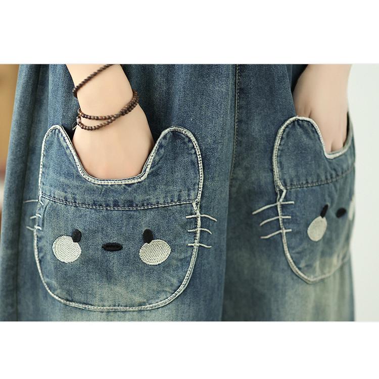 デニム サルエルパンツ レディース 猫 刺繍 ロングパンツ ジーパン