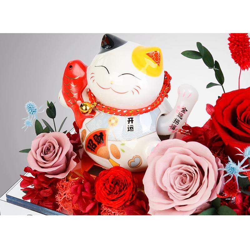 プリザーブドフラワー 永遠の花 招き猫 赤バラ アクリルケース付き 金