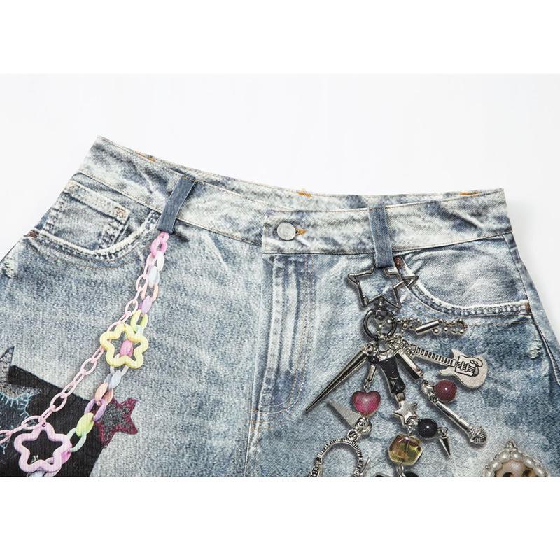 デニムパンツ 七分丈 ワイドパンツ メンズ プリント 個性的 y2k Gパン