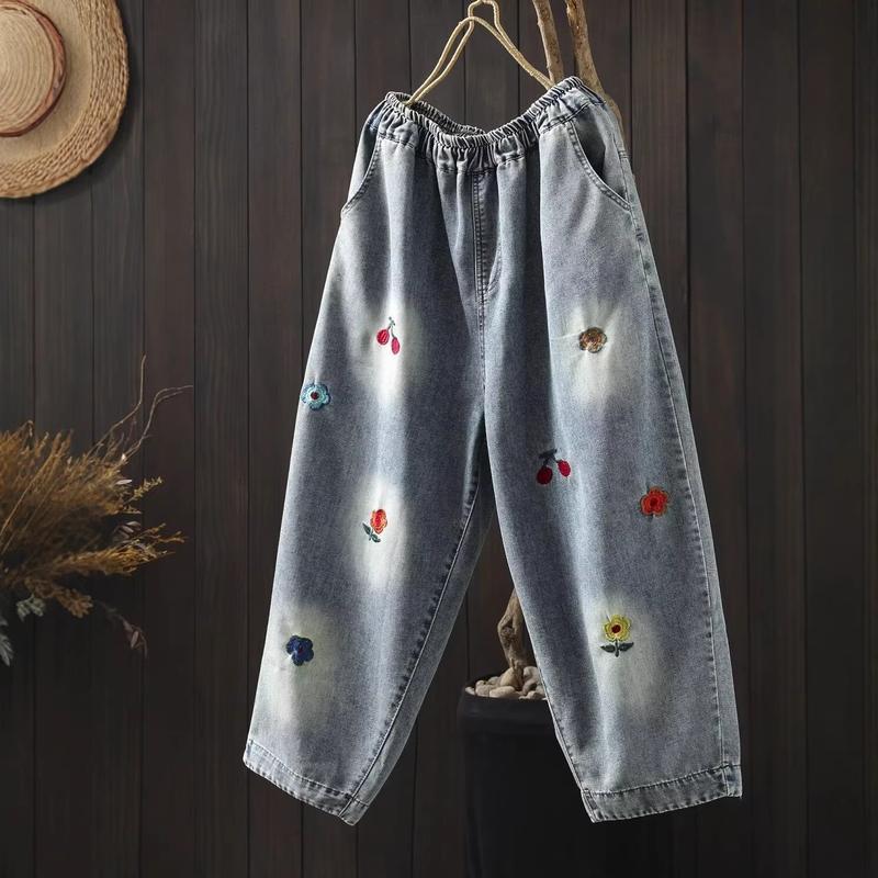 デニムパンツ レディース ジーンズ 花柄 刺繍 さくらんぼ ワイドパンツ
