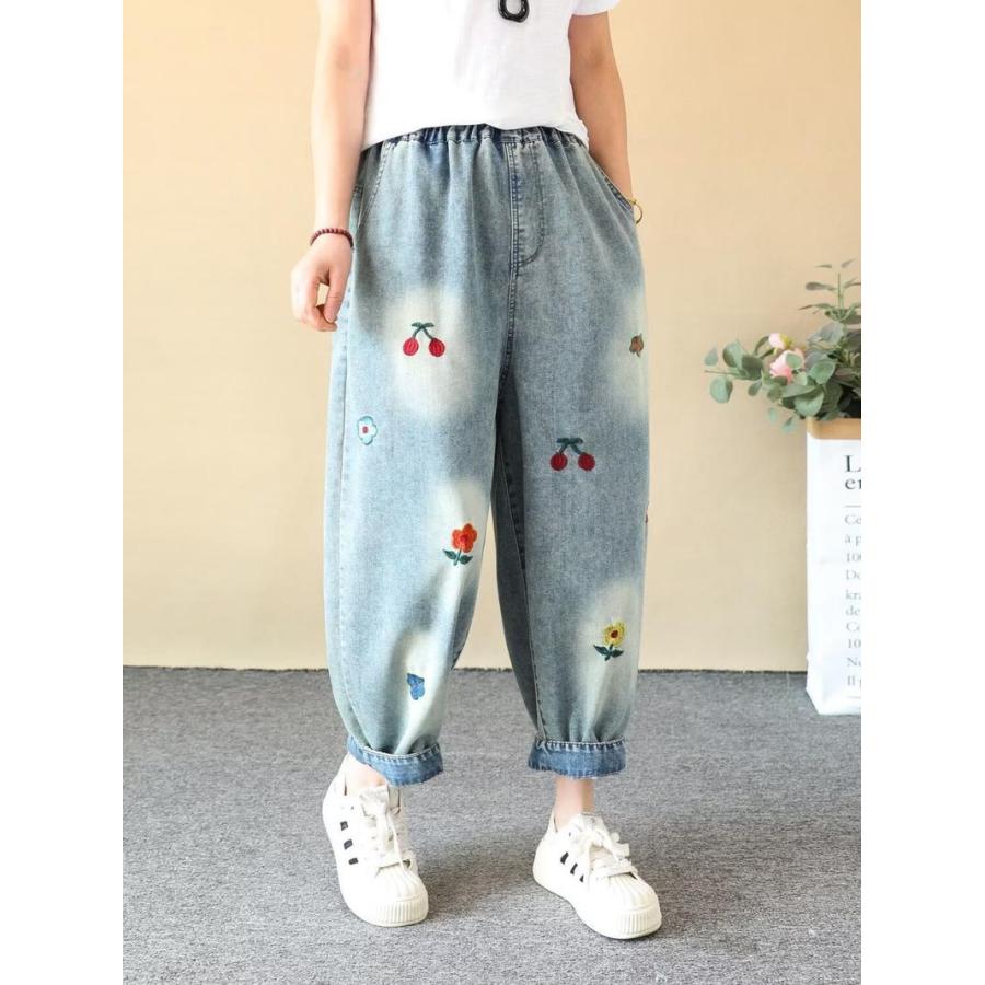 デニムパンツ レディース ジーンズ 花柄 刺繍 さくらんぼ ワイドパンツ