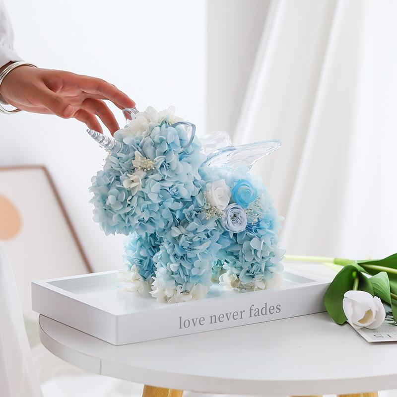 プリザーブドフラワー ユニコーン型 紫陽花 クリアホーン付き 枯れない花 ピンクハイドランジア お祝い ホワイトデー 誕生日 家族 友達_9