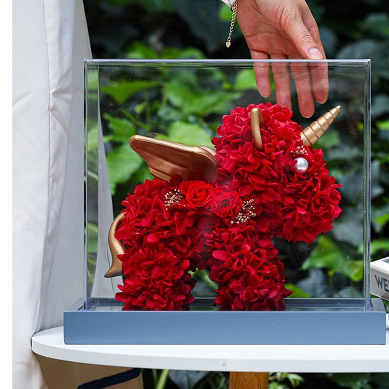 プリザーブドフラワー ユニコーン型 紫陽花 クリアホーン付き 枯れない花 ピンクハイドランジア お祝い ホワイトデー 誕生日 家族 友達_14