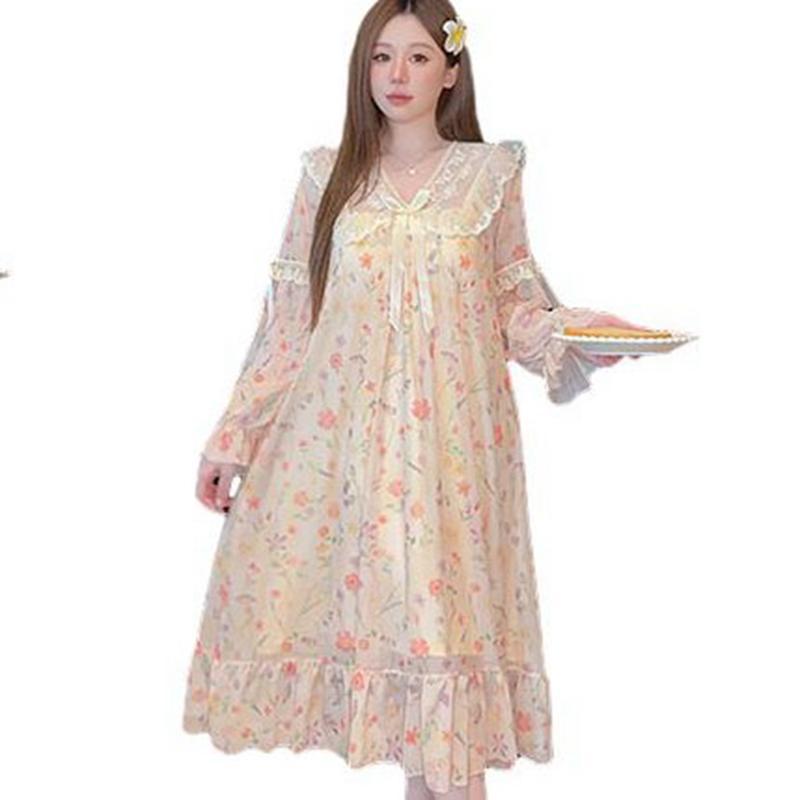 Tunic 花・エンジェル総柄 プリントルームウェア ネグリジェ 姫系 ネグリジェ M-2XL 花柄 リボン パジャマ レディース ルームウェア