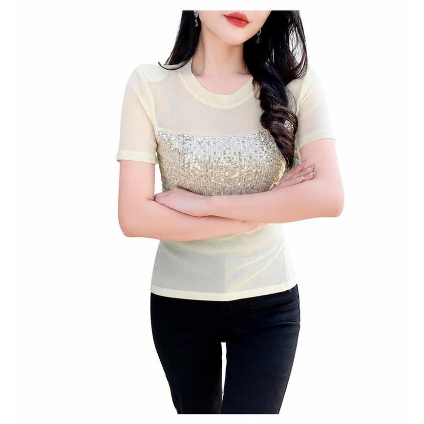 Tシャツ レディース 半袖 トップス カットソー スパンコール シアー