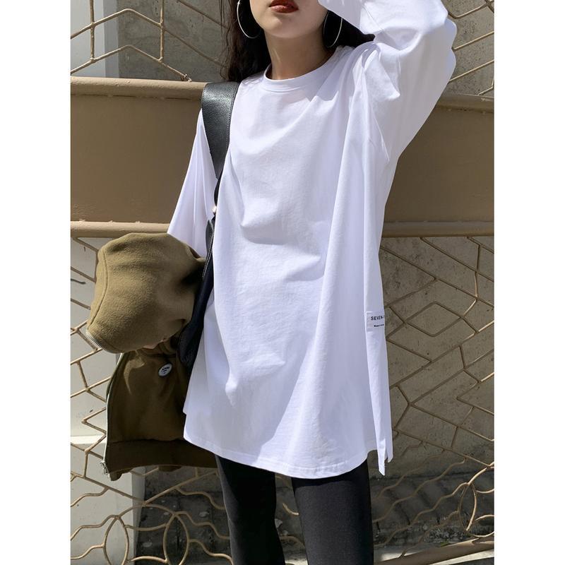 ロンT レディース 長袖 Tシャツ オーバーサイズ サイドスリット 無地