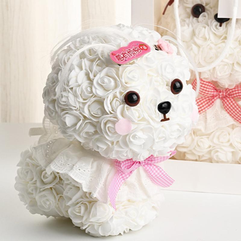 犬型 シャボンフラワー（ホワイト×グレー）ギフトボックス付き ドッグ型 マルチーズ ソープフラワー 造花 ローズ サンタ帽付き