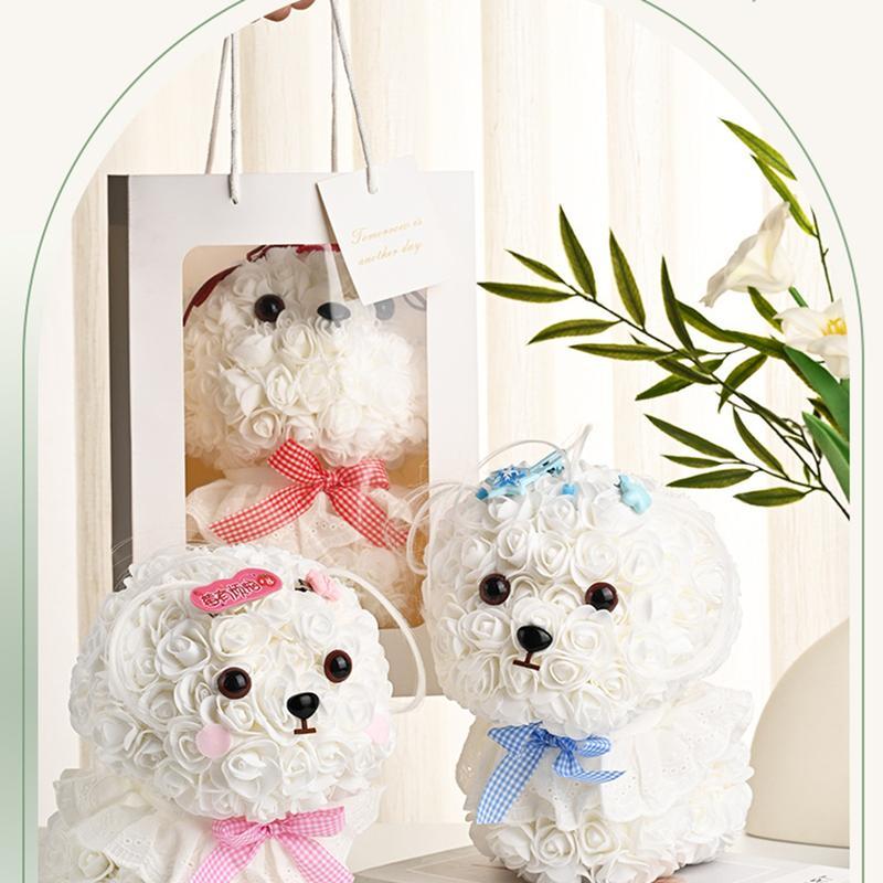犬型 シャボンフラワー（ホワイト×グレー）ギフトボックス付き ドッグ型 マルチーズ ソープフラワー 造花 ローズ サンタ帽付き