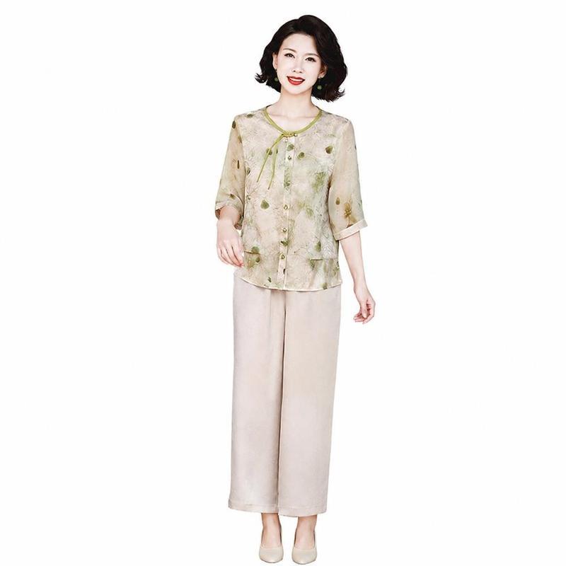レディースシャツ ロングパンツ ワイドパンツ セットアップ 夏 2点 