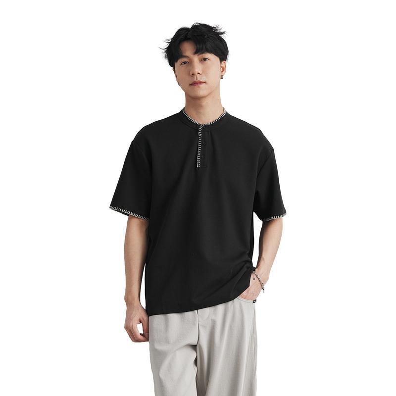 Tシャツ メンズ 半袖 夏服 ヘンリーネック 日系 ファッション 通気性