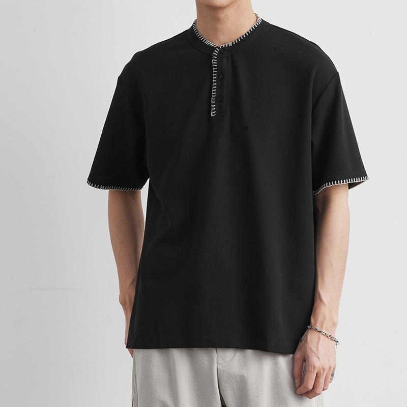 Tシャツ メンズ 半袖 夏服 ヘンリーネック 日系 ファッション 通気性