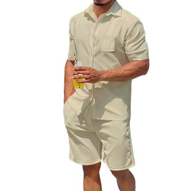 上下セット アロハシャツ 前開き メンズ ビーチシャツ 半袖 無地 夏服