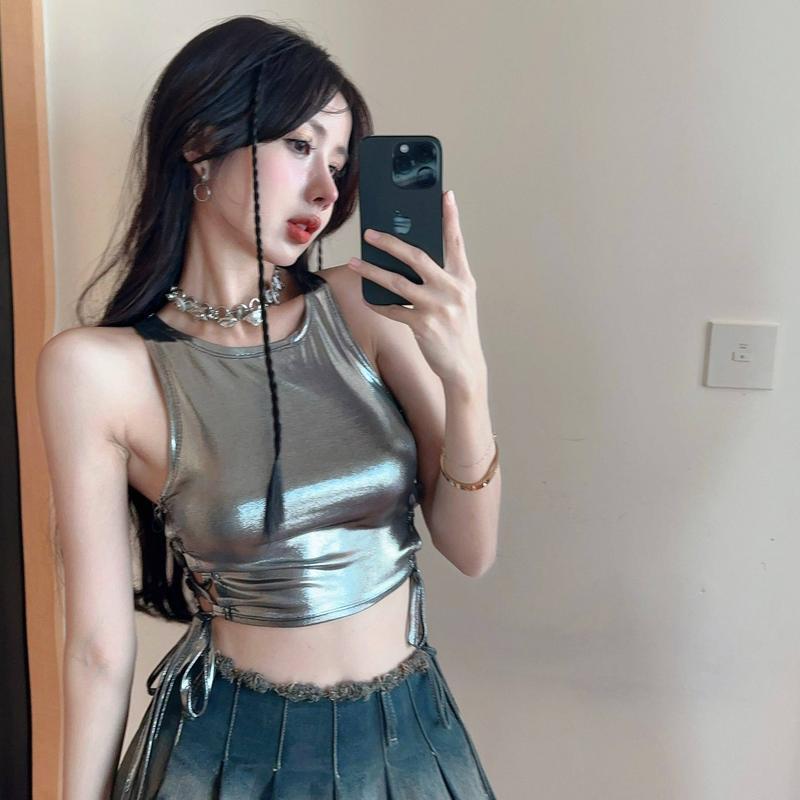 タンクトップ レディース メタリック ショート丈 へそ出し セクシー