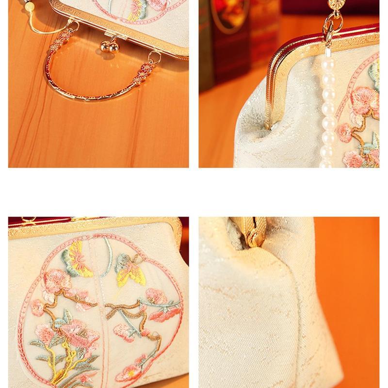 ハンドバッグ がま口 結婚式 刺繍 和風 桃花 タッセル ベージュ 中華風