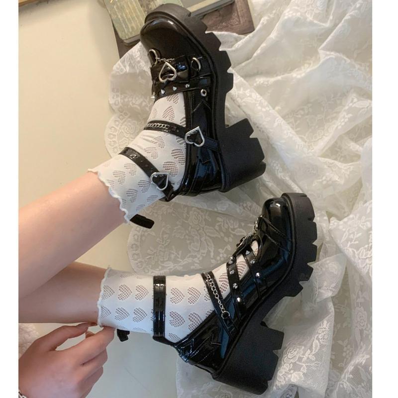 おじ靴 パンク 厚底パンプス レディース スタッズ ダブル バックル 