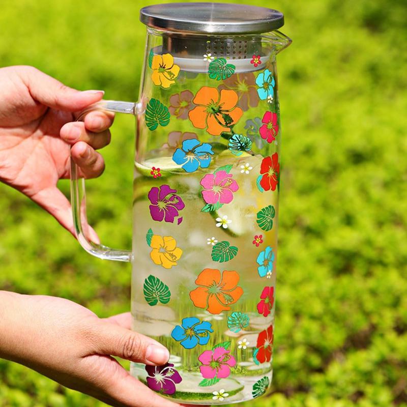 麦茶ポット 冷蔵庫用冷水筒 ガラスポット かわいい柄 花柄 苺 ドリンク
