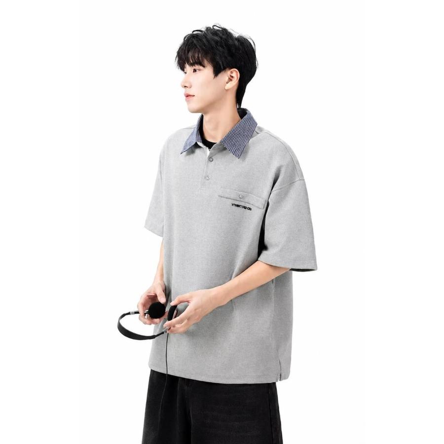 ポロシャツ メンズ 重ね着風 半袖 切り替え ビッグシルエット チェック