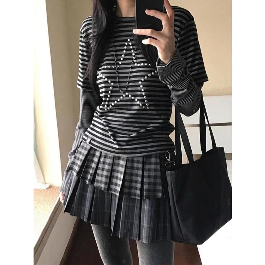 ボーダー Tシャツ 長袖 重ね着風 レディース 星柄 ラインストーン 