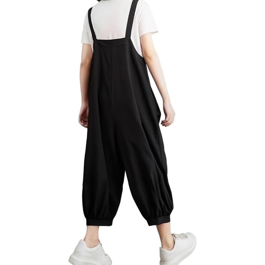 SakuraOMMO サロペット黒 バルーンパンツ サロペット レディース 大人可愛い バルーンパンツ 8分丈 ゆったり 裾