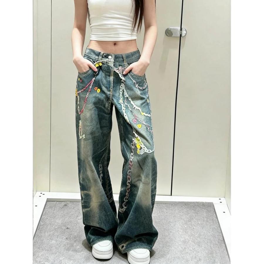 ワイドパンツ レディース デニム ジーンズ ストリート系 Y2K 3D 