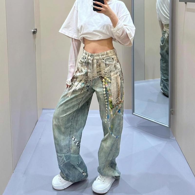 ワイドパンツ レディース デニム ジーンズ ストリート系 Y2K 3D 
