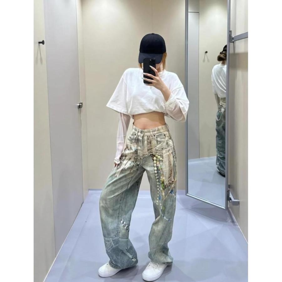 ワイドパンツ レディース デニム ジーンズ ストリート系 Y2K 3D 