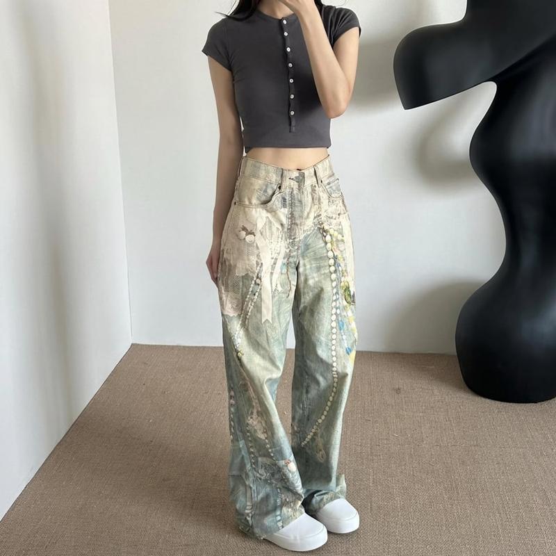ワイドパンツ レディース デニム ジーンズ ストリート系 Y2K 3D 