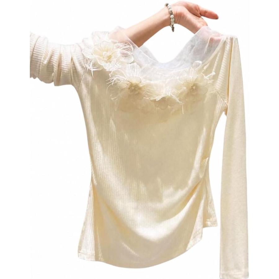 長袖 Tシャツ レディース チュール レース 花柄 リブ トップス