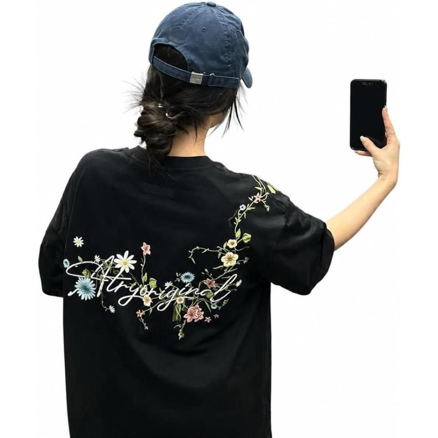 Tシャツ レディース 半袖 バックプリント 刺繍 花柄 ゆったり 