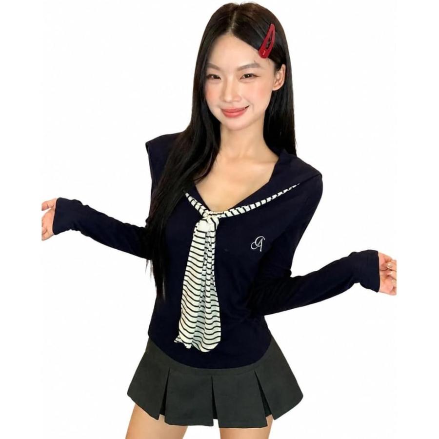 セーラーカラー カットソー レディース 長袖 Tシャツ セーラー風