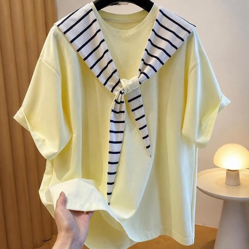 TOUJOURS セーラーカラー 半袖プルオーバー ホワイト セーラーカラー Tシャツ レディース 半袖 ゆったり カットソー マリン
