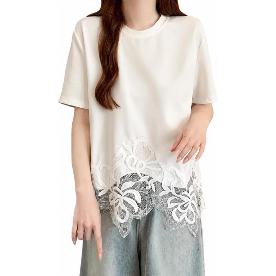 Tシャツ レディース 半袖 カットソー 裾レース切り替え 大人可愛い 