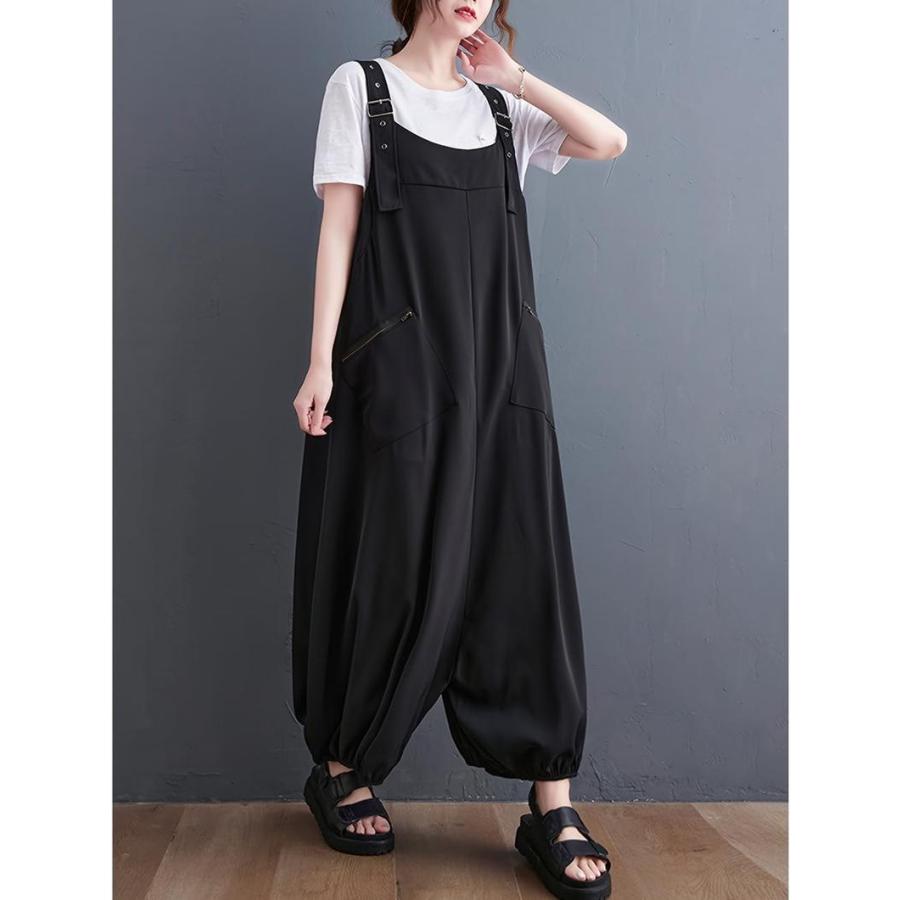 SakuraOMMO サロペット黒 バルーンパンツ サロペット レディース オールインワン ワイド バルーンパンツ