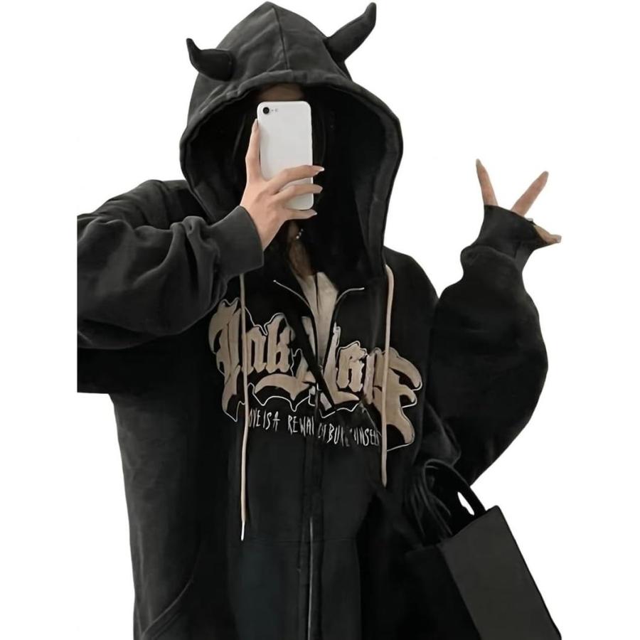ノースリーブパーカー archive y2kラムレザー ダークウェア パーカー レディース ジップアップパーカー 角付き 悪魔 オーバー