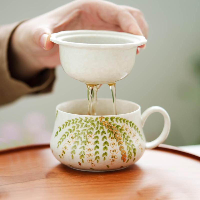 蓋付き湯呑み おしゃれ 陶器 蓋付きマグカップ 藤の花 和柄 ティー