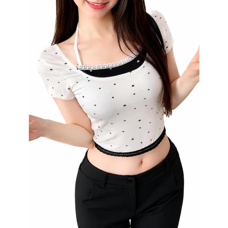 Tシャツ 半袖 レディース 地雷系 フェイクレイヤード ホルターネック 