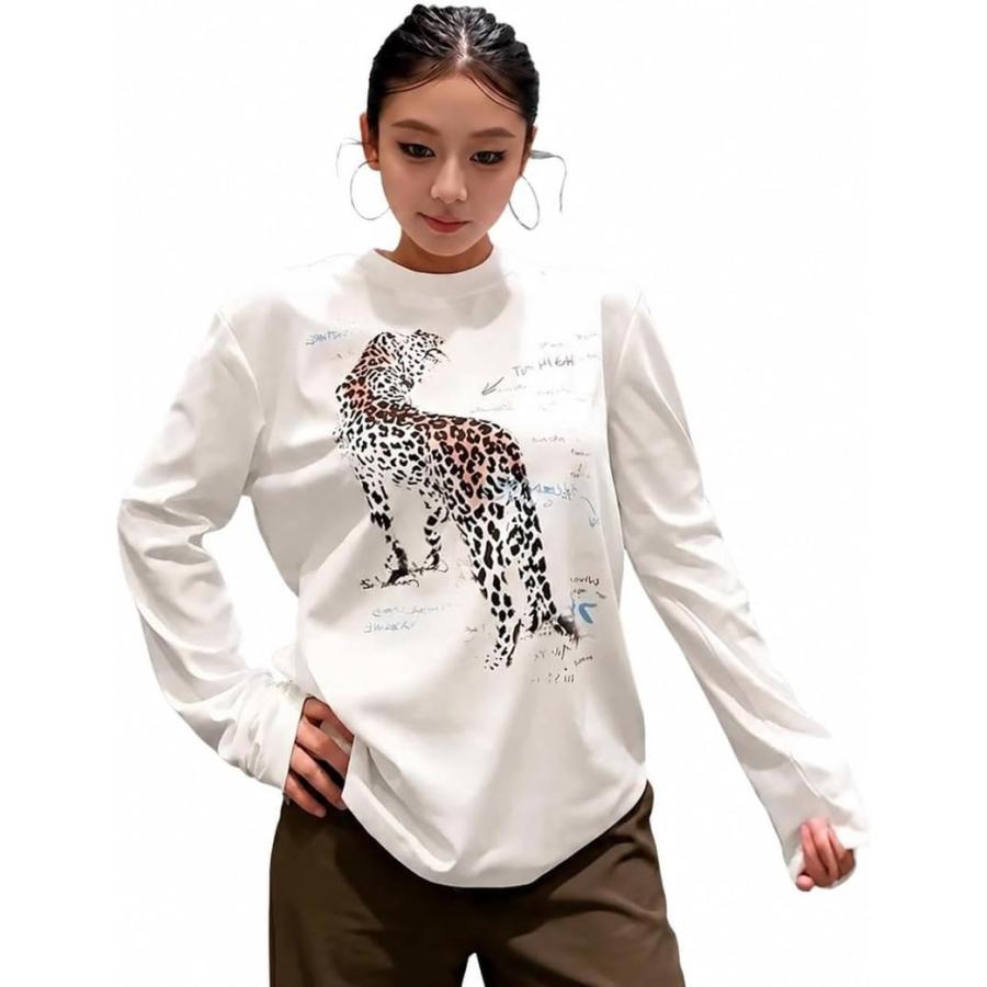 APE 白Tシャツ レオパード柄 ロングTシャツ レディース ロンT レオパード ヒョウ柄 プリント