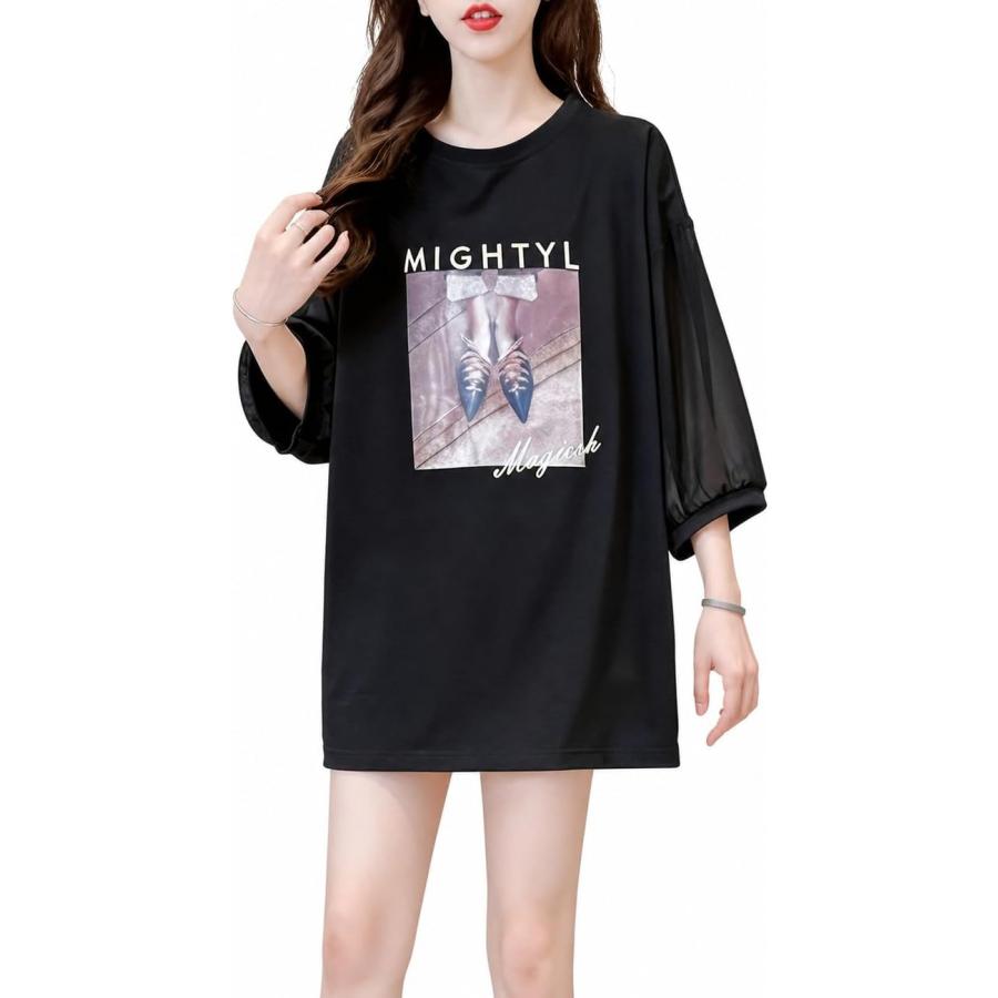 レディース tシャツ 半袖 ゆったり シアー 袖 切替 チュニック 韓国風 