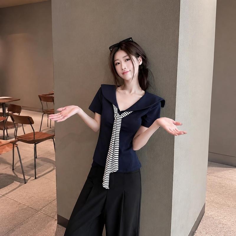セーラーカラー Tシャツ 半袖 レディース 制服風 トップス 襟付き V