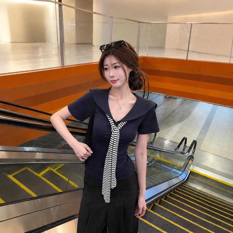 セーラーカラー Tシャツ 半袖 レディース 制服風 トップス 襟付き V