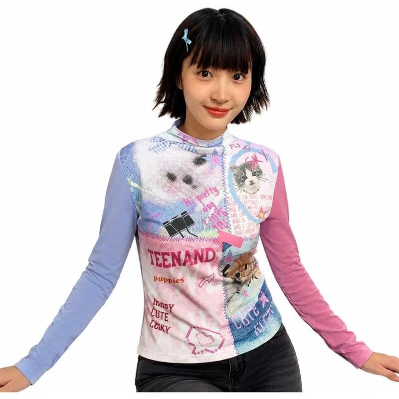 Y2K vintage　再構築 リメイク　ロンT 長袖 トップス　アシンメトリー カットソー 長袖 レディース Y2K レトロ ハイネック トップス ロンT 猫