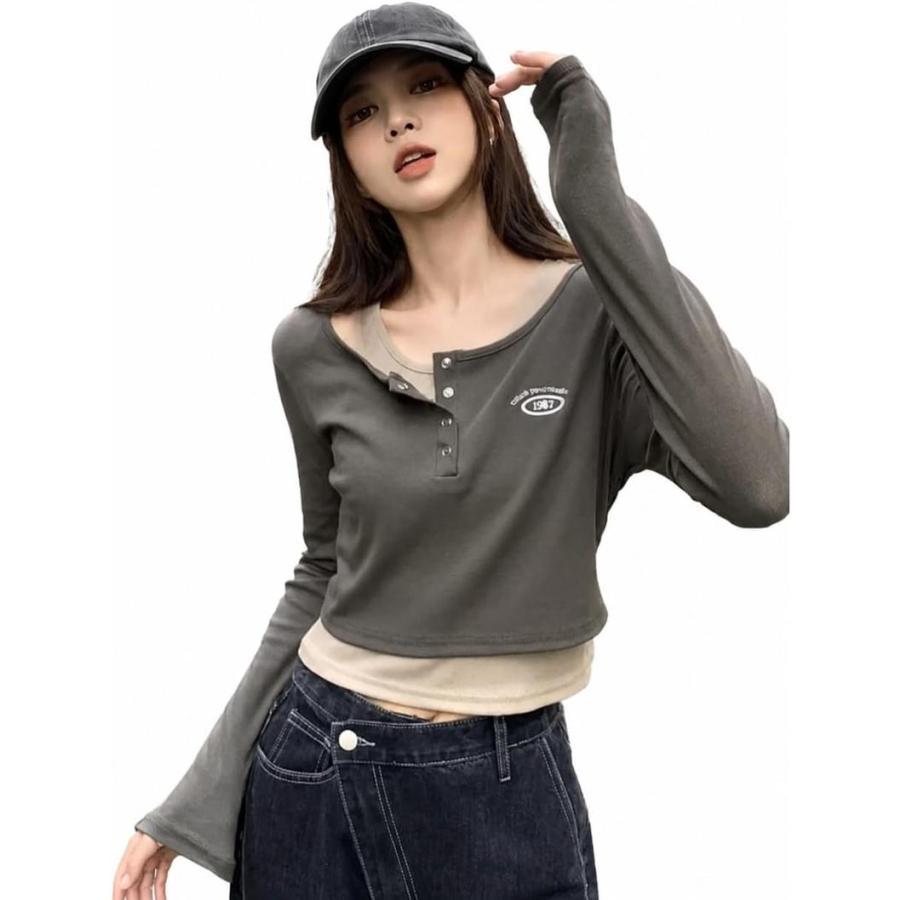 LGB レア ゆる ニット タンク 切りっぱなし レイヤード 長袖Tシャツ レディース 重ね着風 カットソー ショート丈 Y2K フェイク